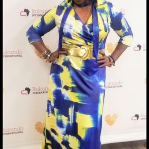 Women's V Neck Sleeve African Printed Party Loose Long Maxi Dress